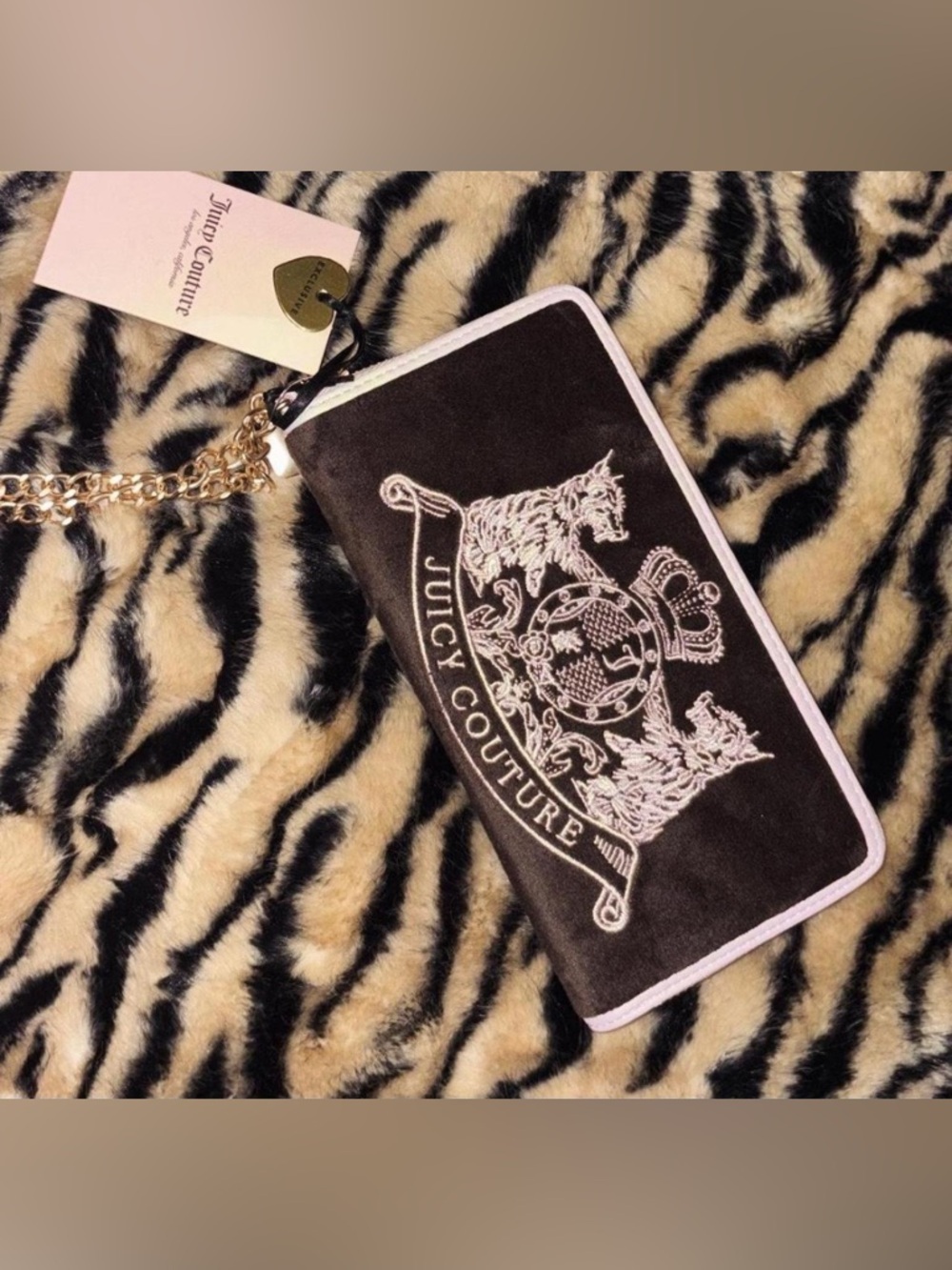 Juicy Couture Brown Velvet Wristlet with Pink Trim and Gold Chain